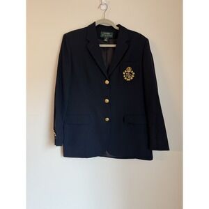 Lauren Ralph Lauren Navy Blue Blazer Size 12P Gold Buttons Crest Patch Preppy